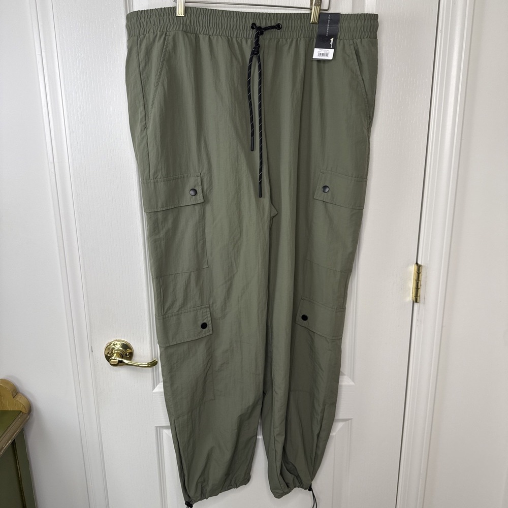 No Boundaries Nylon Cargo Parachute Pants Green Wide Leg Toggle XL Gorpcore Y2K
